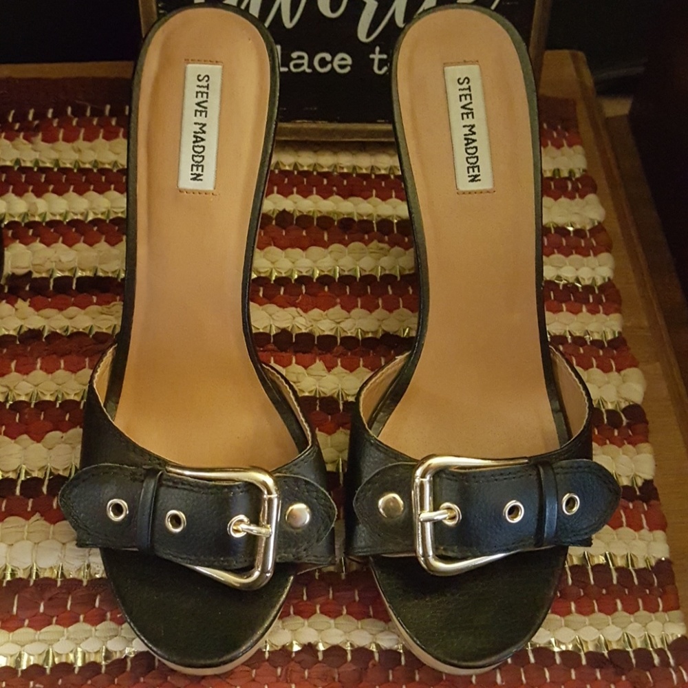Steve Madden Buckle wood heel mules